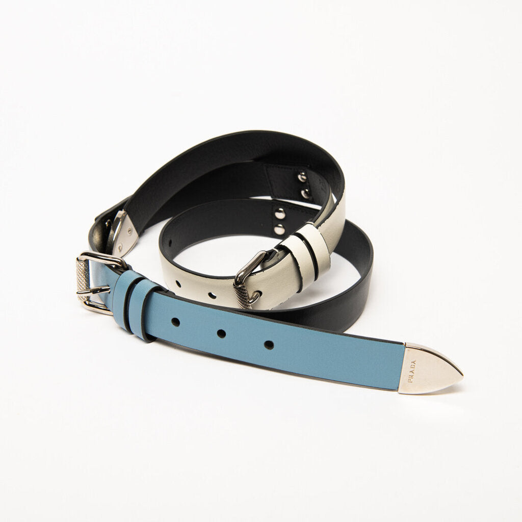 Prada Blue/Black Leather & Silver Hardware Belt (85 CM)