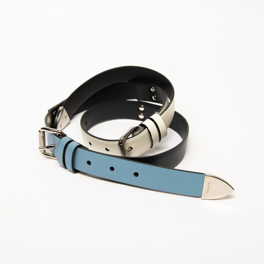 Prada Blue/Black Leather & Silver Hardware Belt (85 CM)