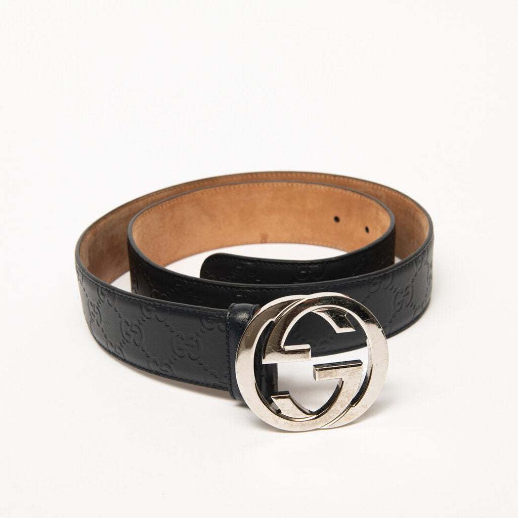 Gucci "Guccisima" Black Leather & Silver Buckle Belt (95 CM)