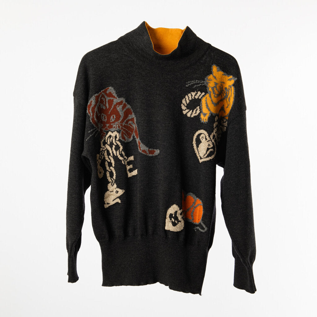 Escada Grey Wool Blend Cat Pattern Knit Turtleneck