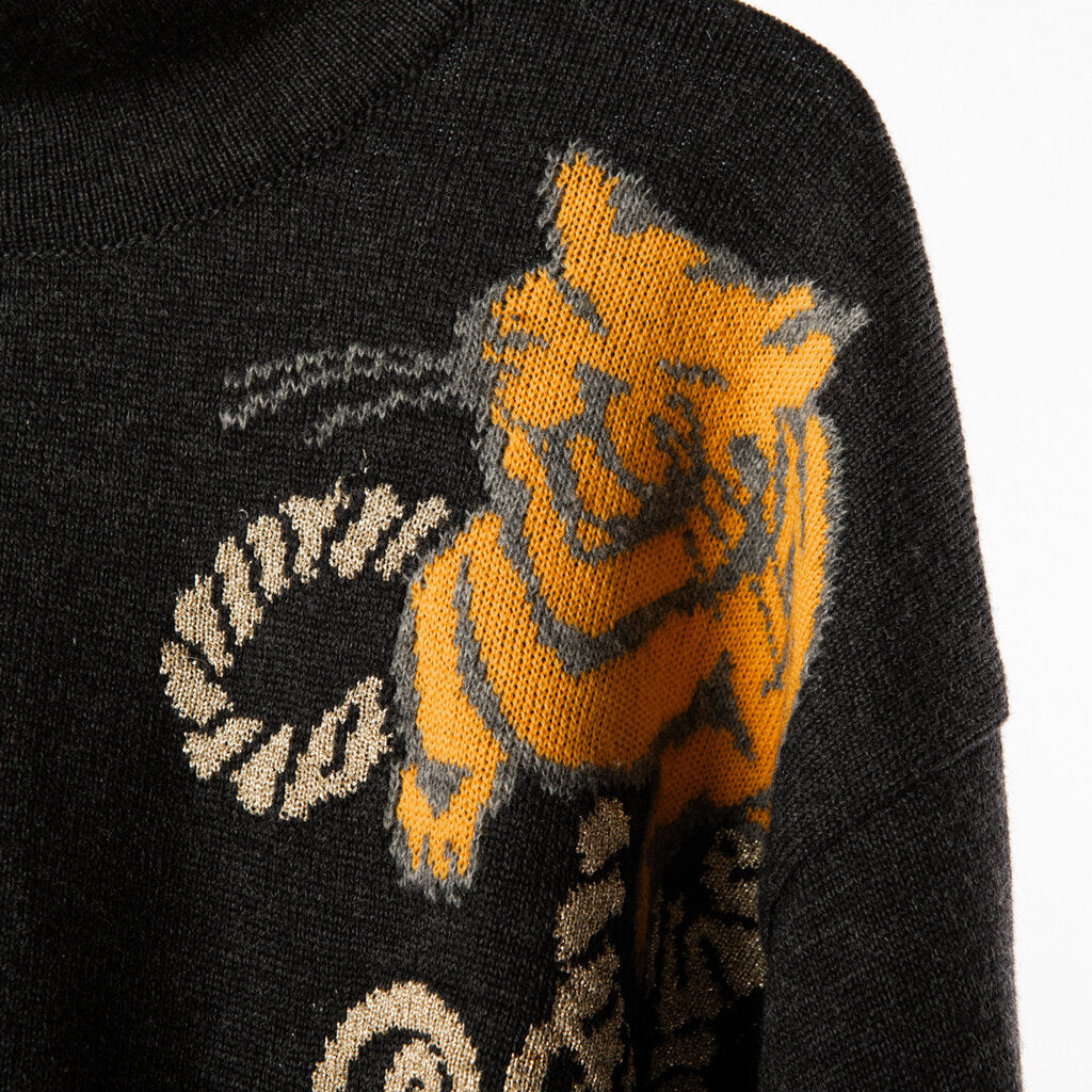 Escada Grey Wool Blend Cat Pattern Knit Turtleneck
