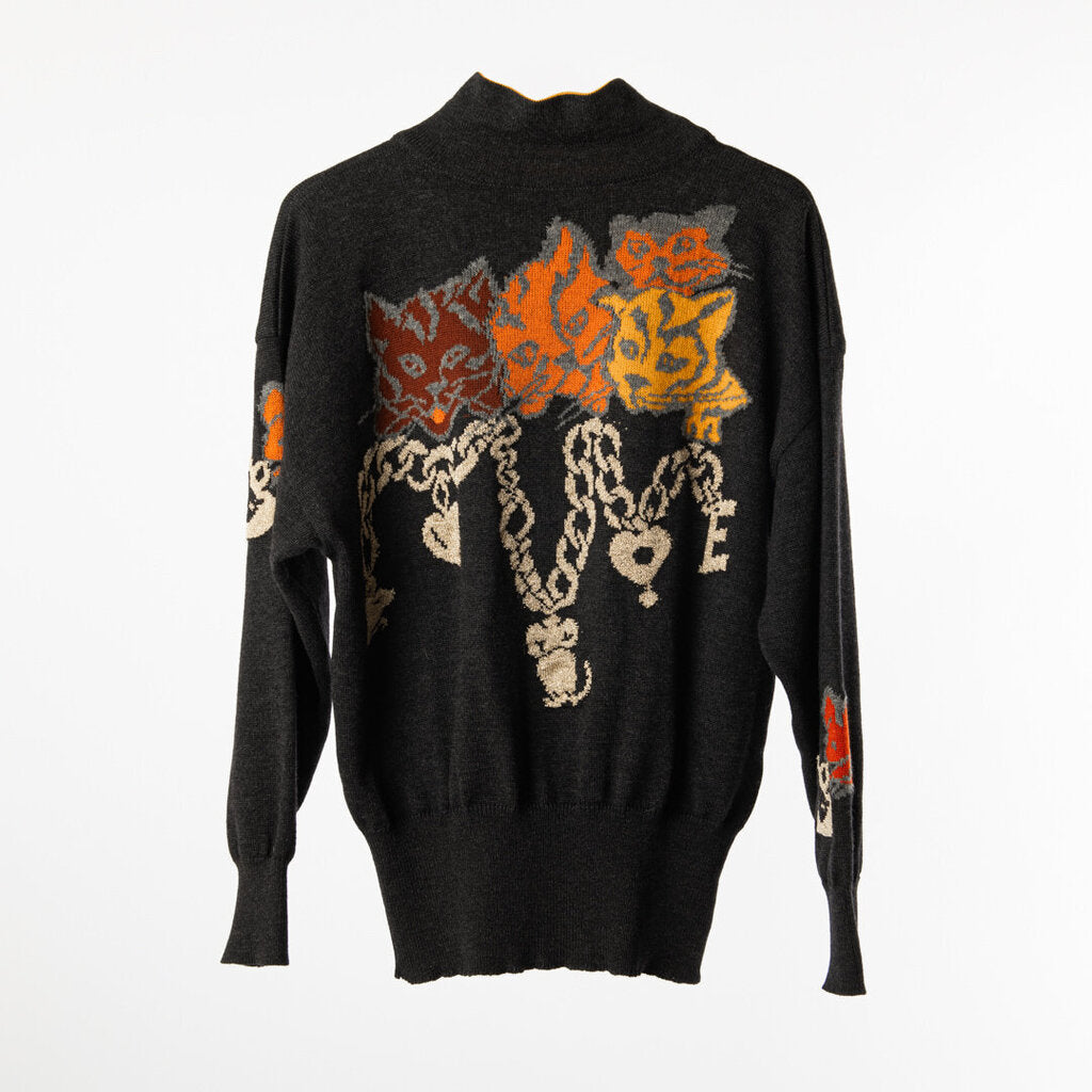 Escada Grey Wool Blend Cat Pattern Knit Turtleneck