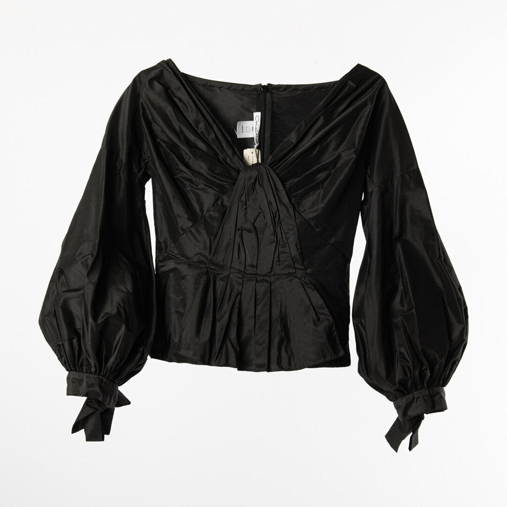 Oscar de La Renta Black Puff Sleeve Pleated Top