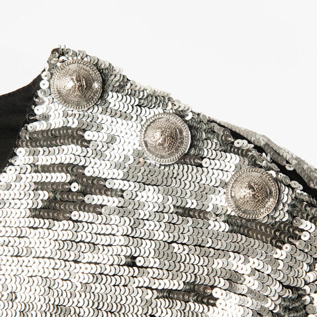 Balmain Silver/Black Sequin Striped Mini Dress