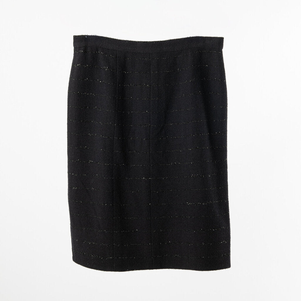 Chanel Navy Wool Black Tinsel Stripe Pencil Skirt