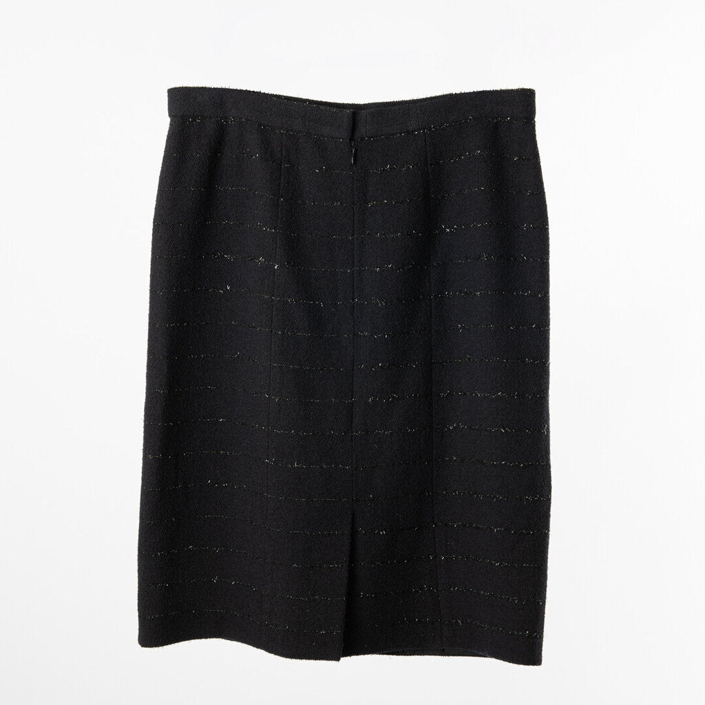 Chanel Navy Wool Black Tinsel Stripe Pencil Skirt