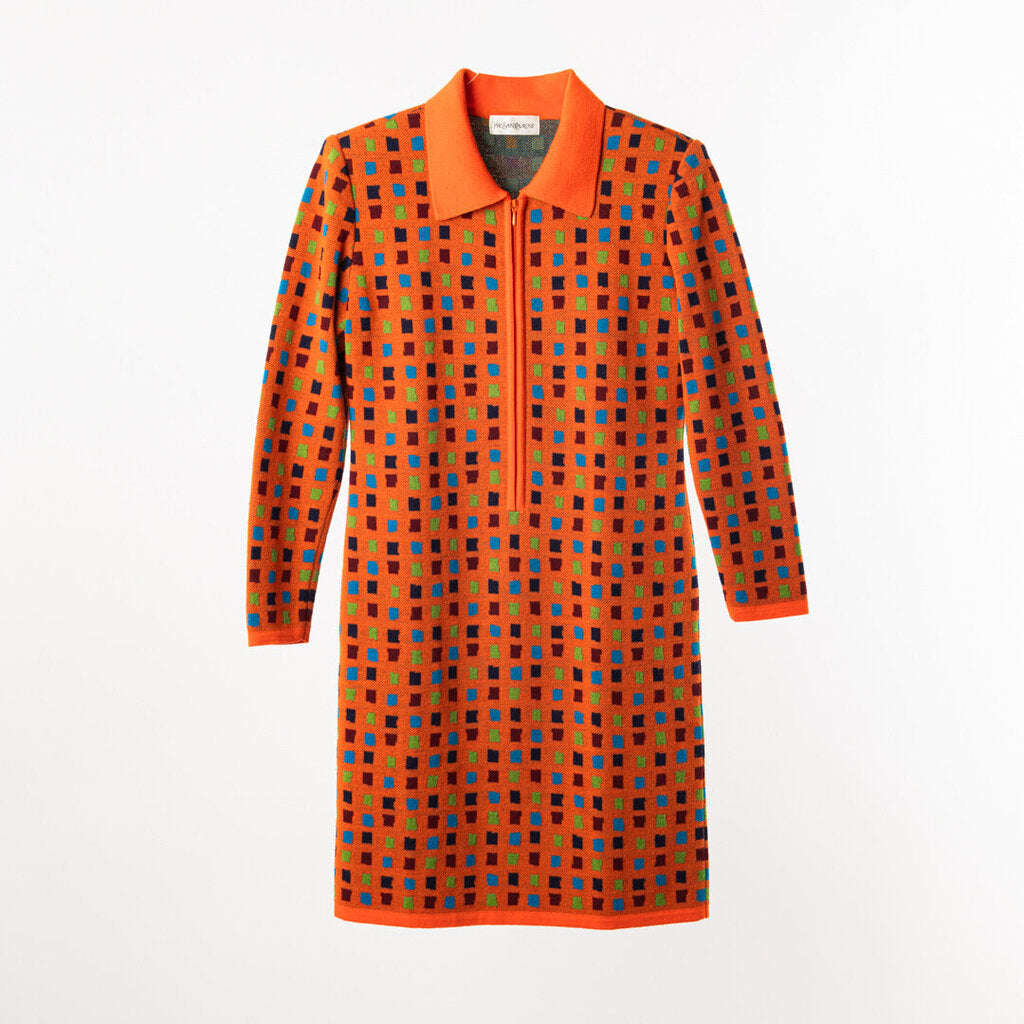 YSL Orange Wool Multicolor Square Knit Dress