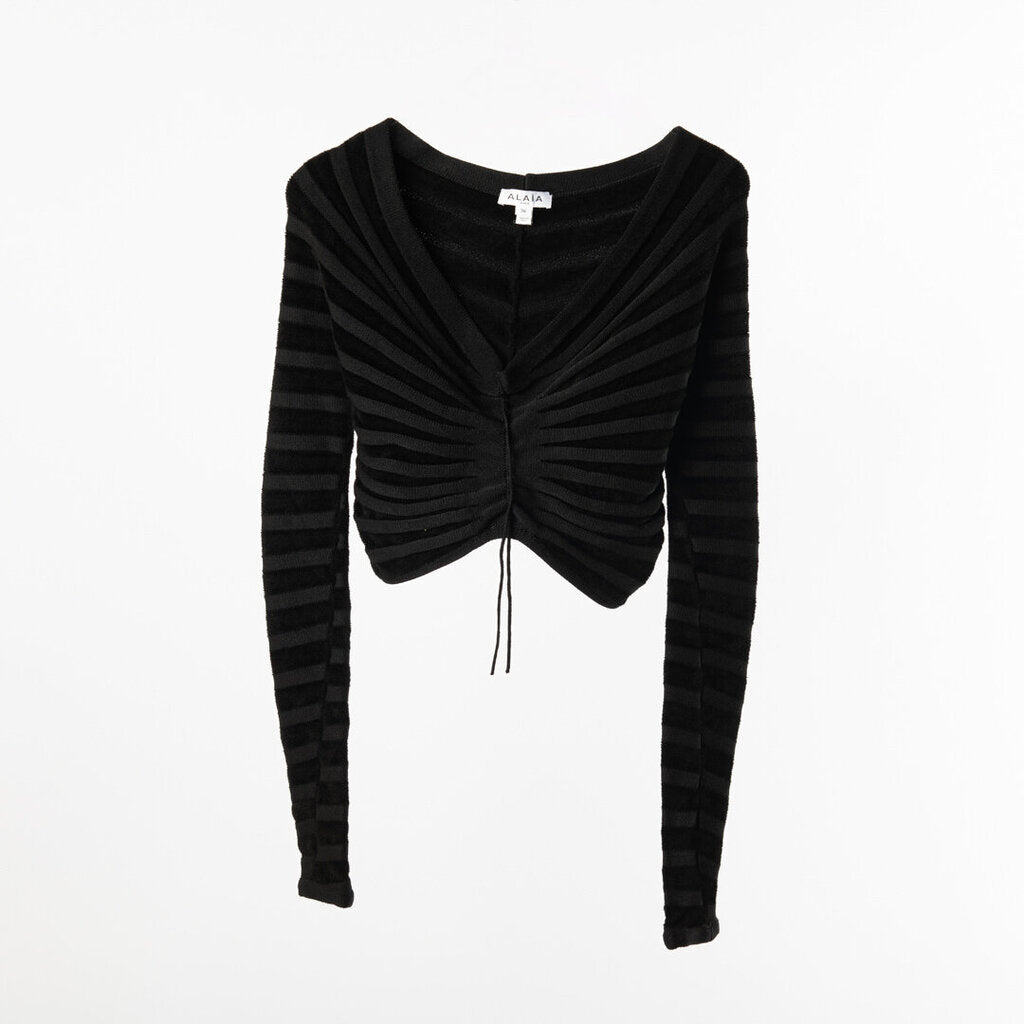 Alaia Black Fuzzy Knit Crop Long Sleeve Top / Skirt SET