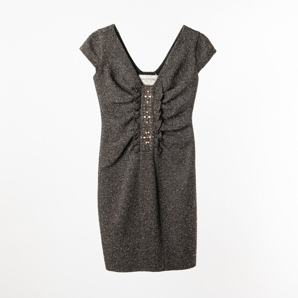 Valentino Brown/Pink Wool Blend Tweed Embellished Ruffle Dress