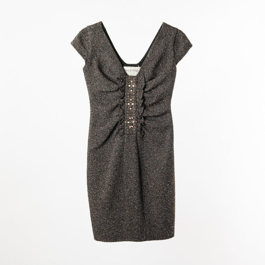 Valentino Brown/Pink Wool Blend Tweed Embellished Ruffle Dress