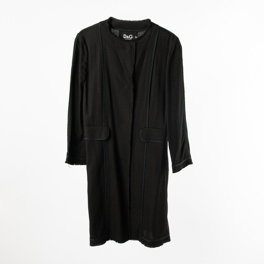 D&G Black Viscose Blend Navy Trim Fringe Hem Coat