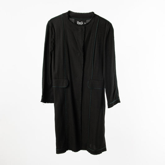 D&G Black Viscose Blend Navy Trim Fringe Hem Coat