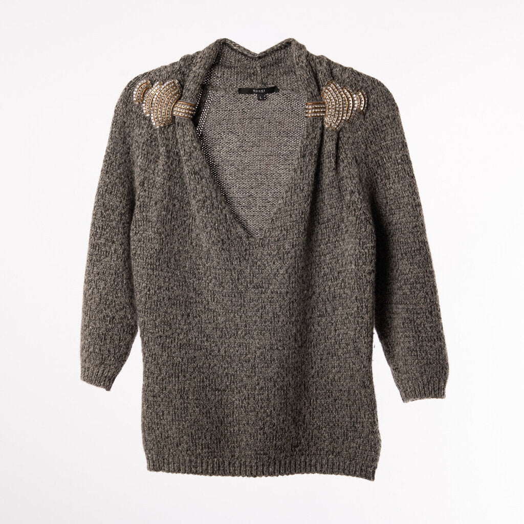 Gucci Grey Cashmere Blend Embellished Shoulder Sweater