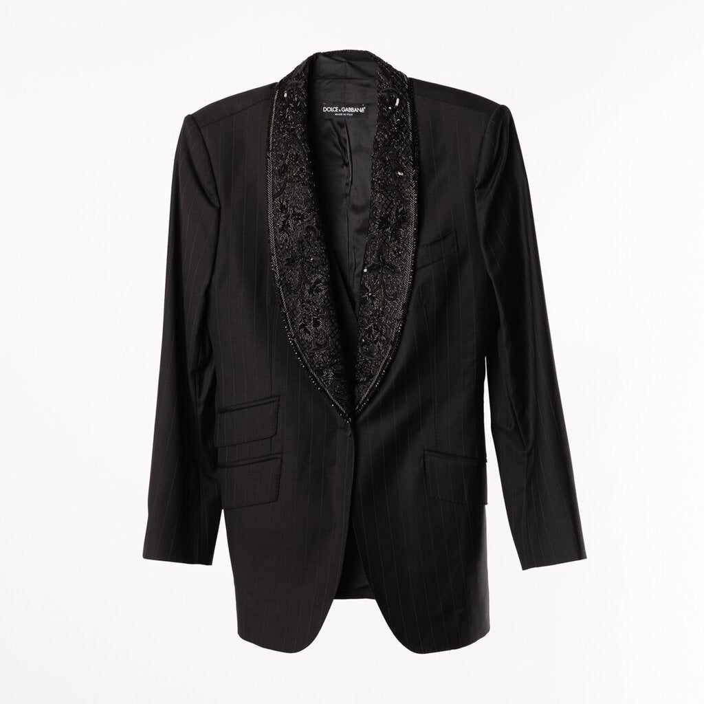 D&G Black Wool Stripe Embroided Lapel Suit Set