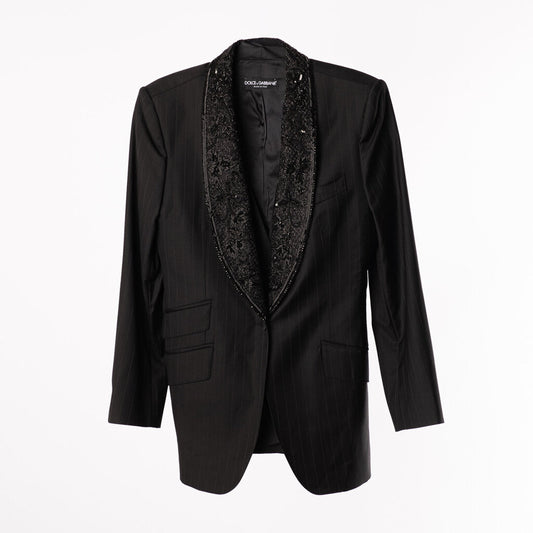 D&G Black Wool Stripe Embroided Lapel Suit Set