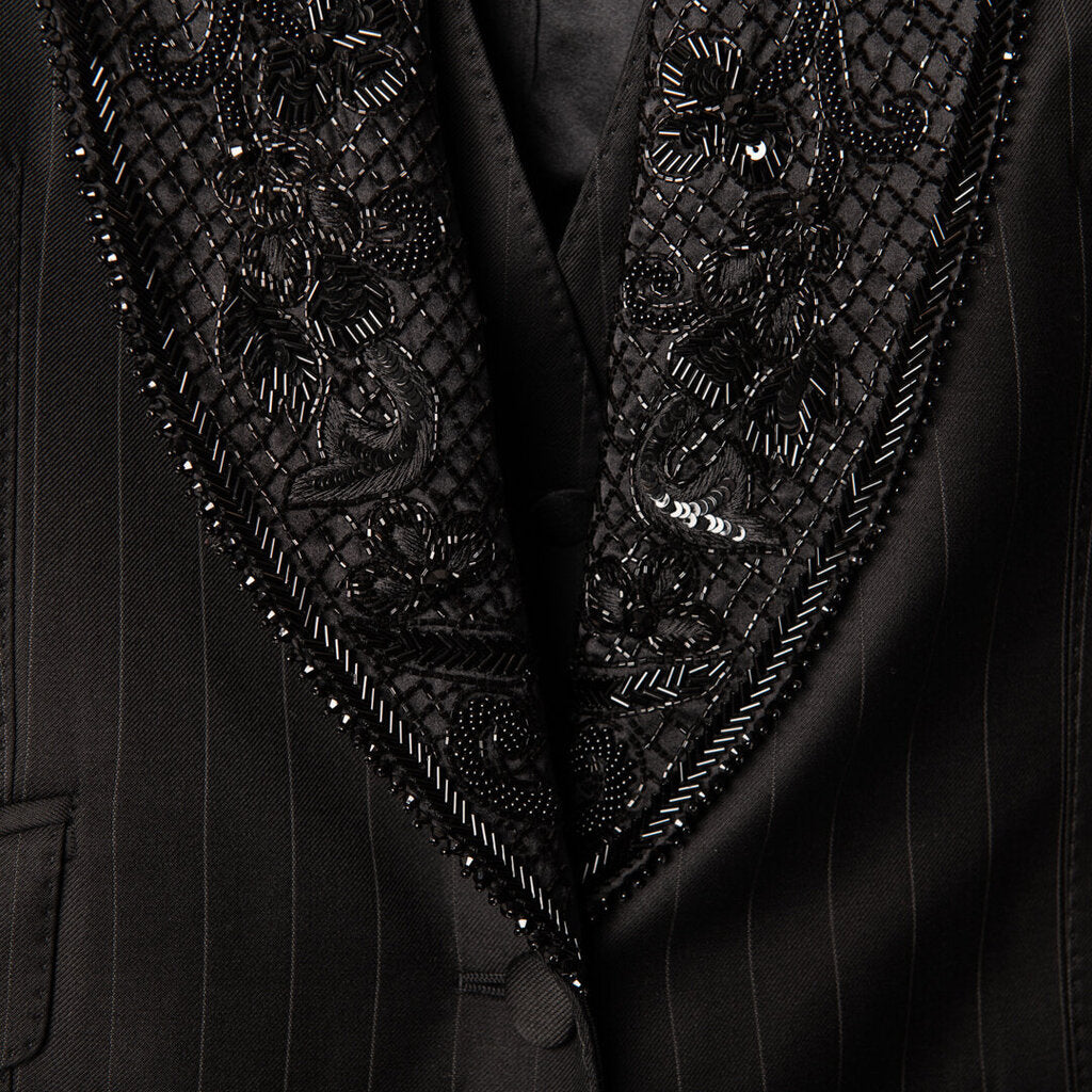 D&G Black Wool Stripe Embroided Lapel Suit Set
