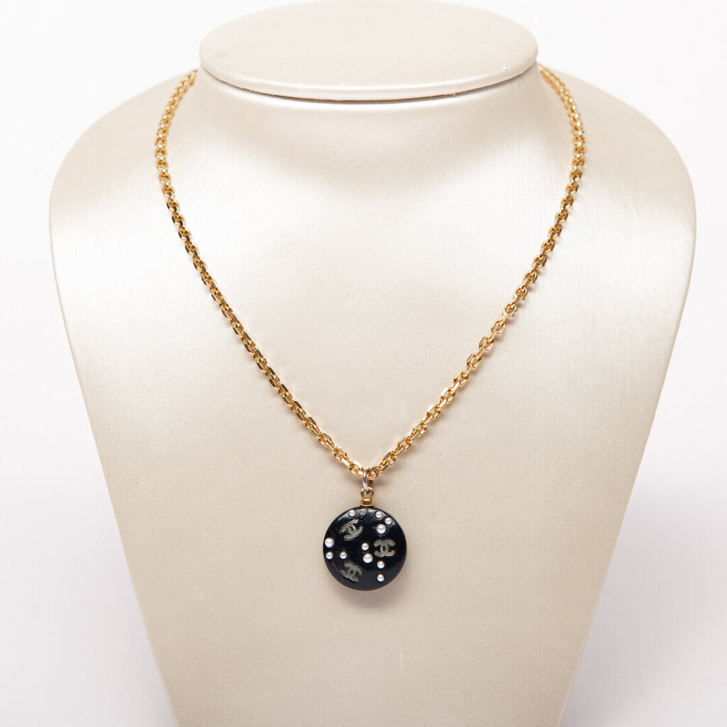 Chanel 03P Black Resin Pendant Necklace With Faux Pearls