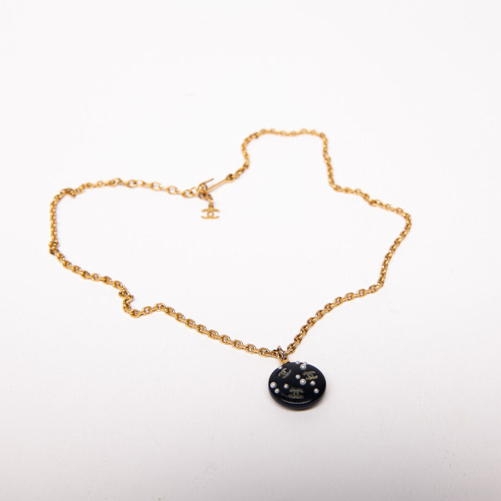 Chanel 03P Black Resin Pendant Necklace With Faux Pearls