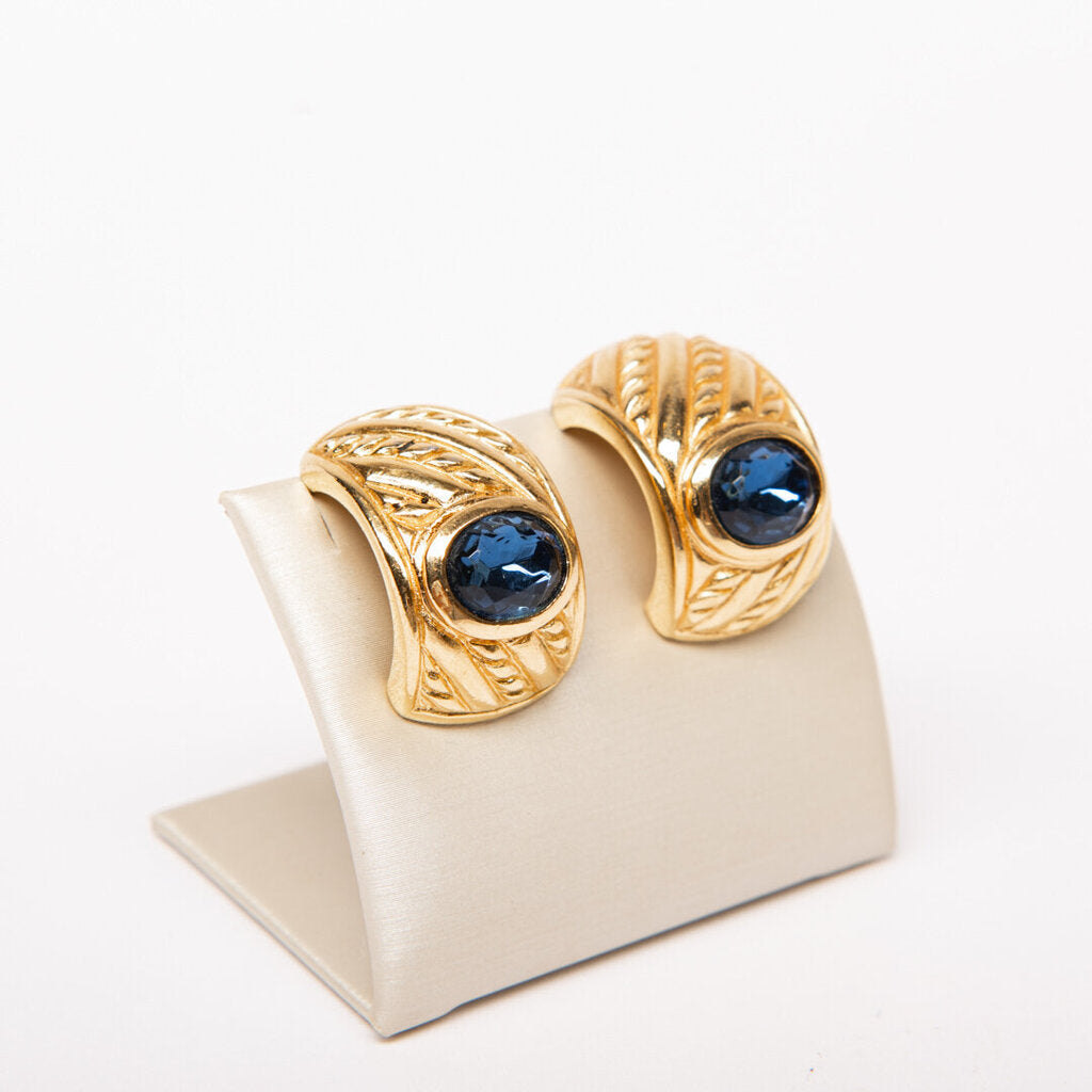 Christian Dior Gold-Tone Blue Jewel Clip-On Earrings (1980's)