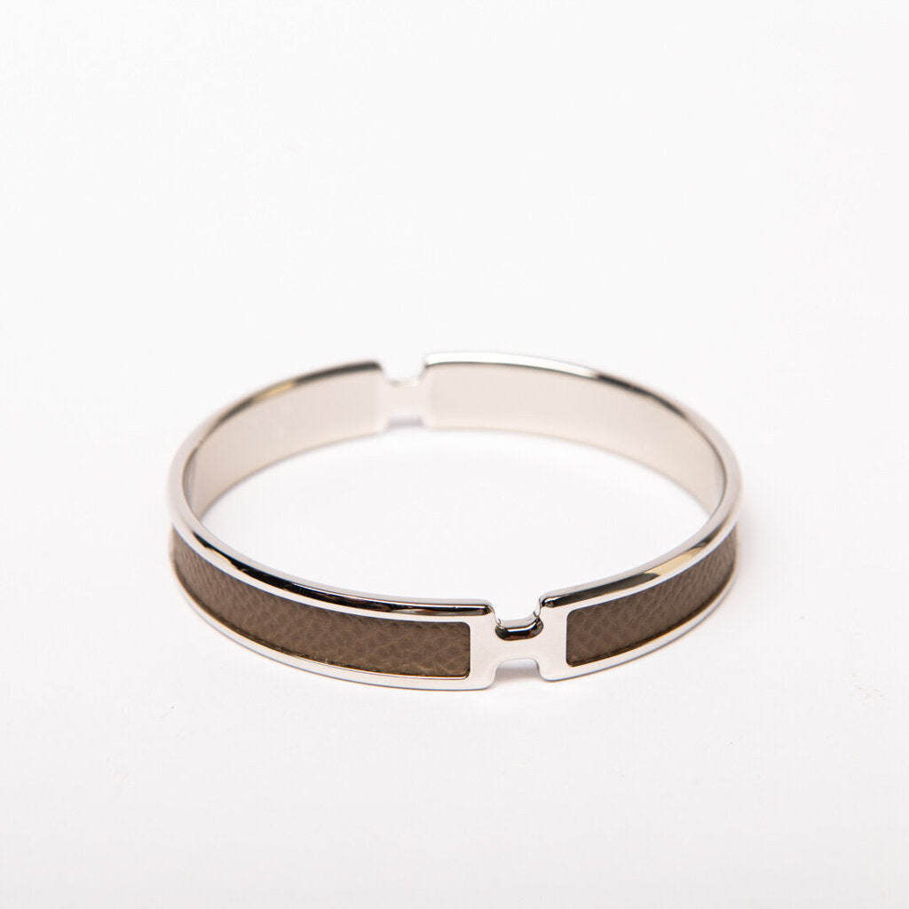 Hermes Silver Tone Etoupe Epsom Leather-Inlay Olympe Bracelet