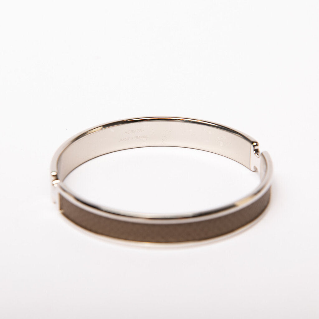 Hermes Silver Tone Etoupe Epsom Leather-Inlay Olympe Bracelet