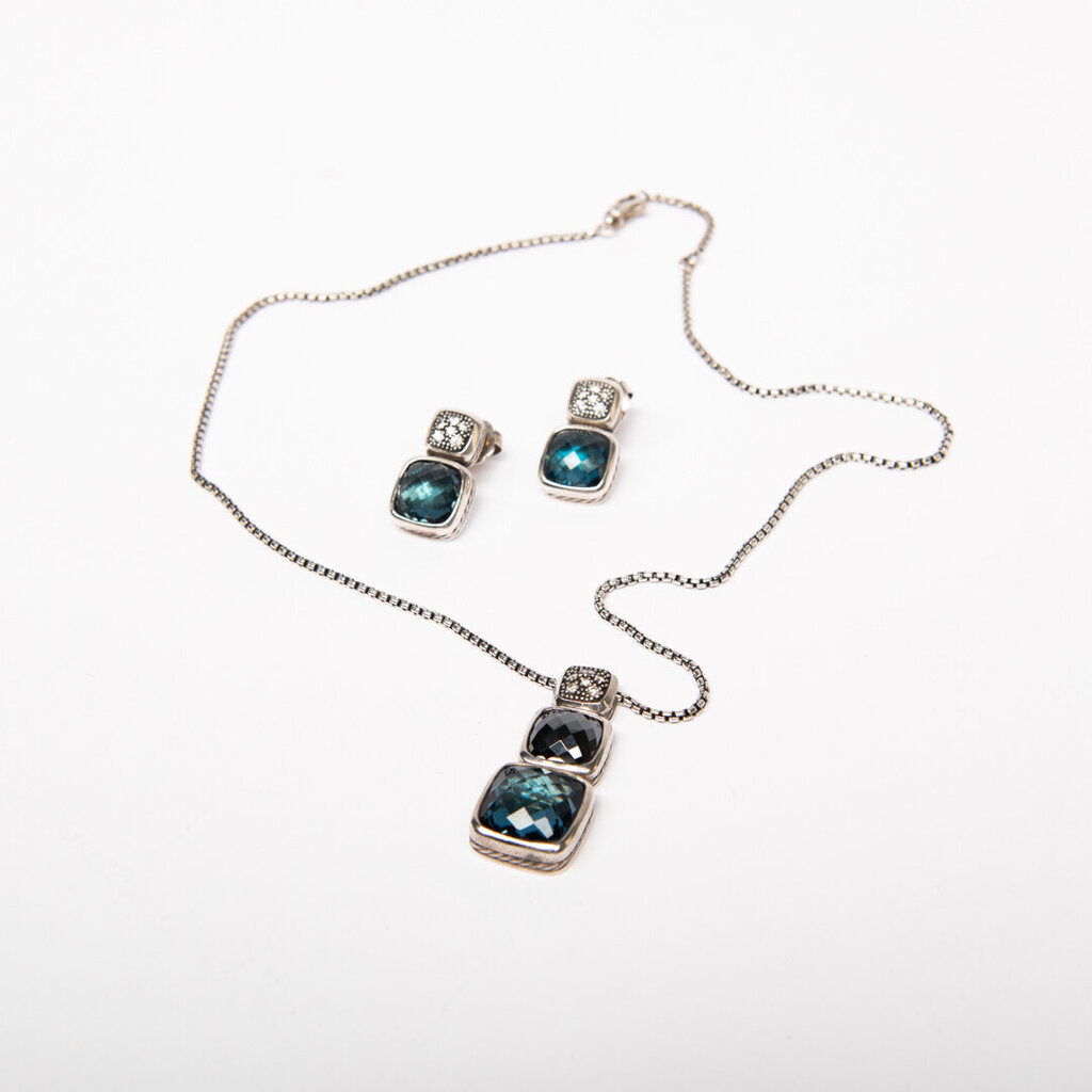 David Yurman Topaz, Hermatite & Diamond Chiclet Style Earrings & Necklace