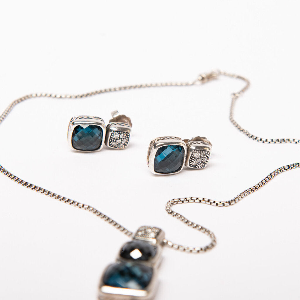 David Yurman Topaz, Hermatite & Diamond Chiclet Style Earrings & Necklace