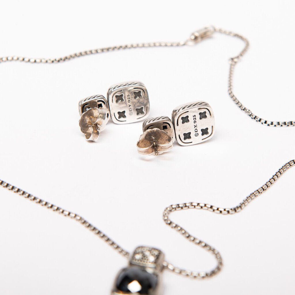 David Yurman Topaz, Hermatite & Diamond Chiclet Style Earrings & Necklace