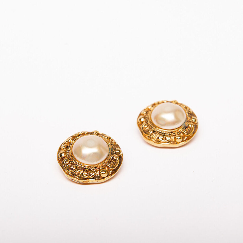 Chanel Vintage Gold Tone Faux Pearl Clip-On Earrings