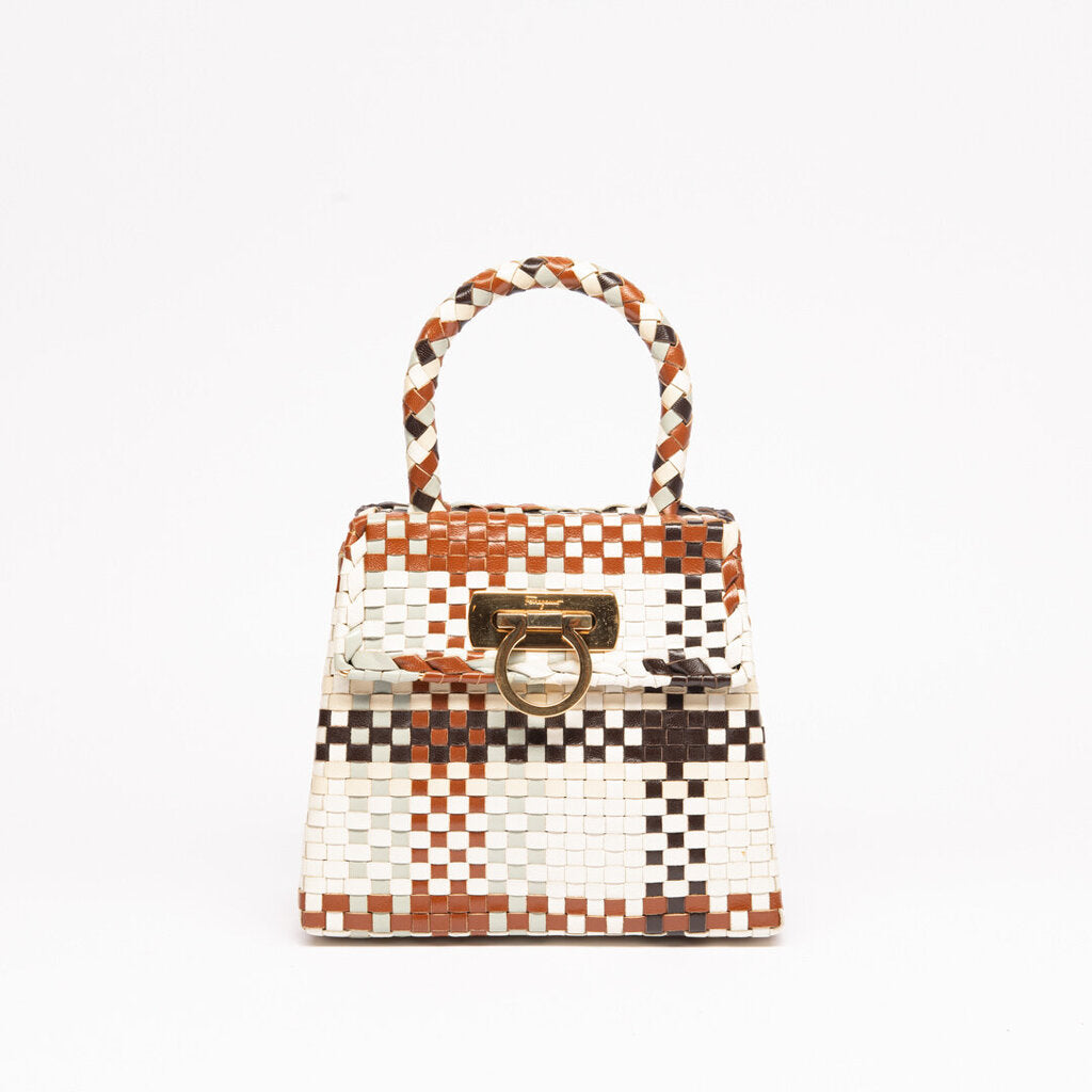 Ferragamo Burgundy, Cream & Sage Woven Leather Top Handle Bag