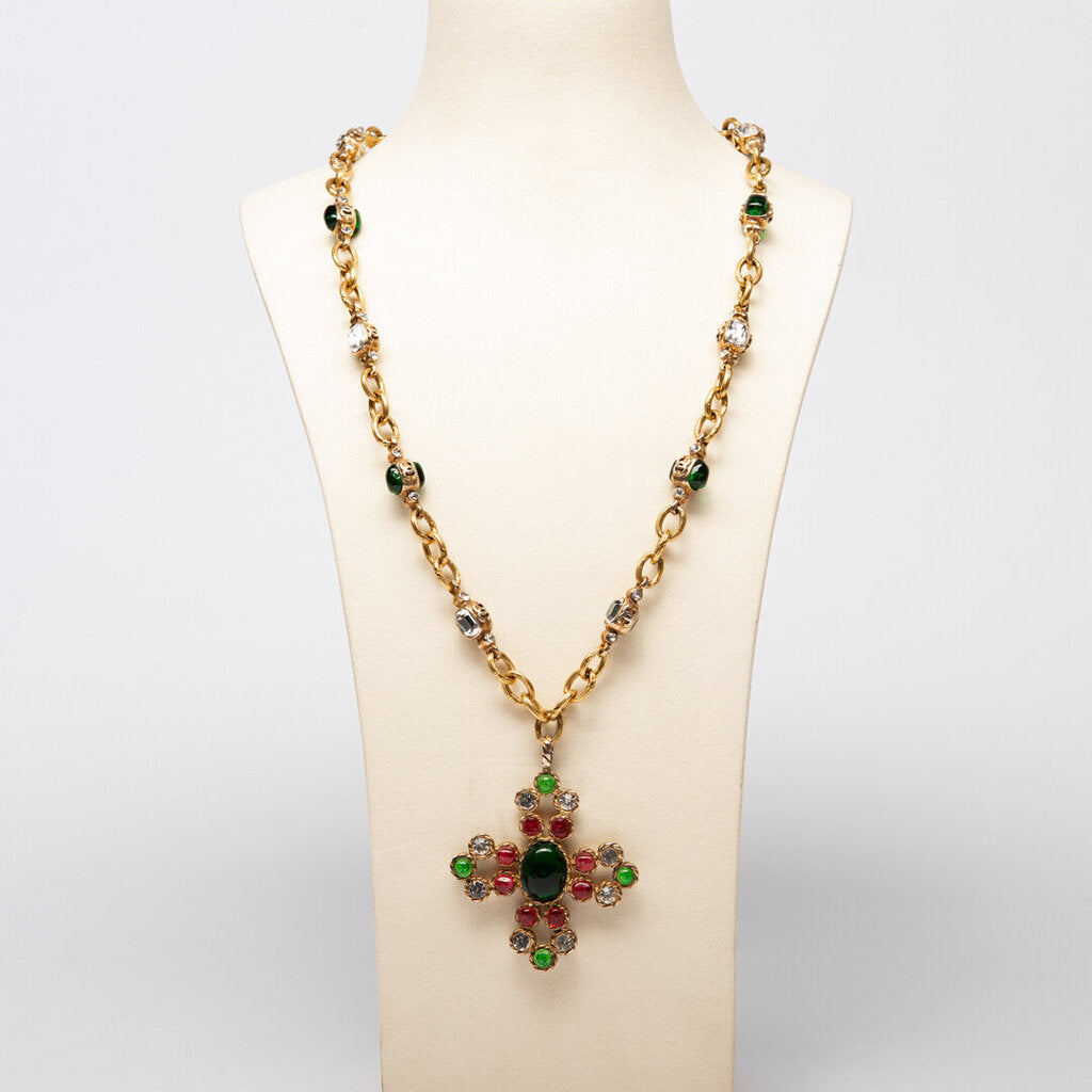 Chanel Vintage Gold-Plated Gripoix Byzantine Cross Necklace (1980s-1990s)