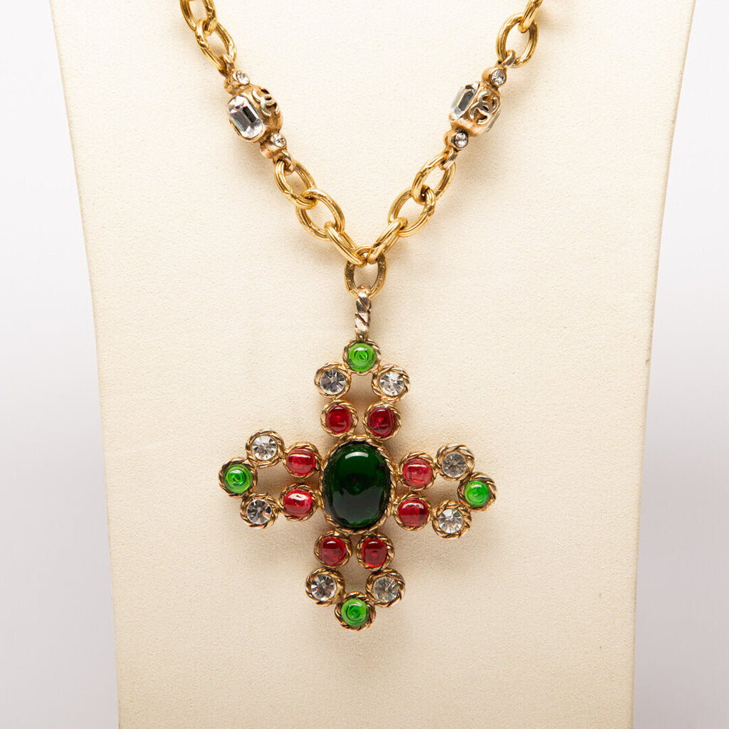 Chanel Vintage Gold-Plated Gripoix Byzantine Cross Necklace (1980s-1990s)