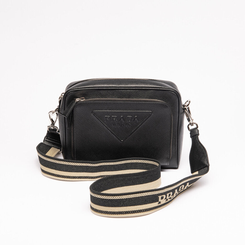 Prada Black Saffiano Logo Embossed Camera Bag with Strap