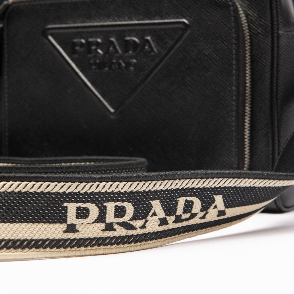 Prada Black Saffiano Logo Embossed Camera Bag with Strap
