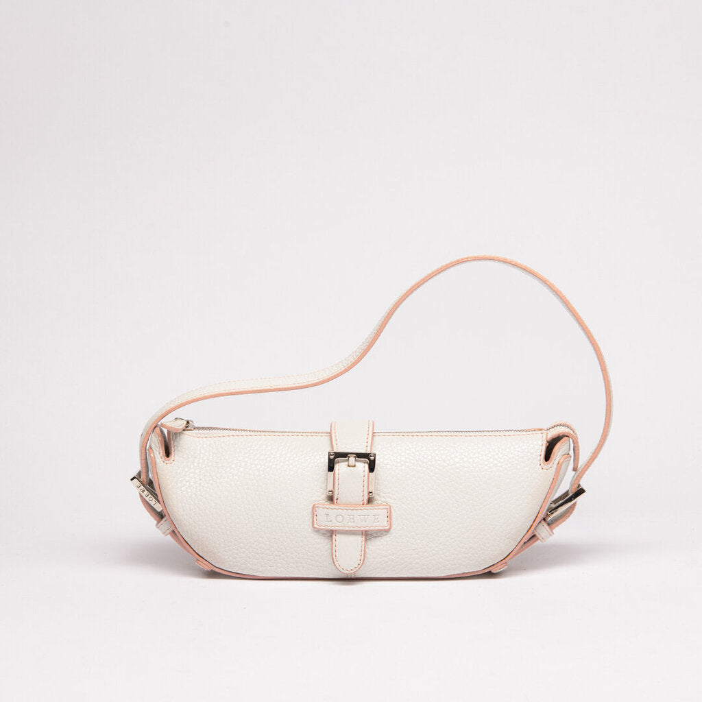 Loewe White Leather & Pink Trim Half Moon Bag