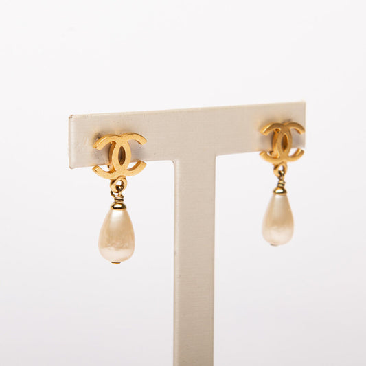 Chanel Gold Faux Pearl Drop Clip-On Earrings (1995)