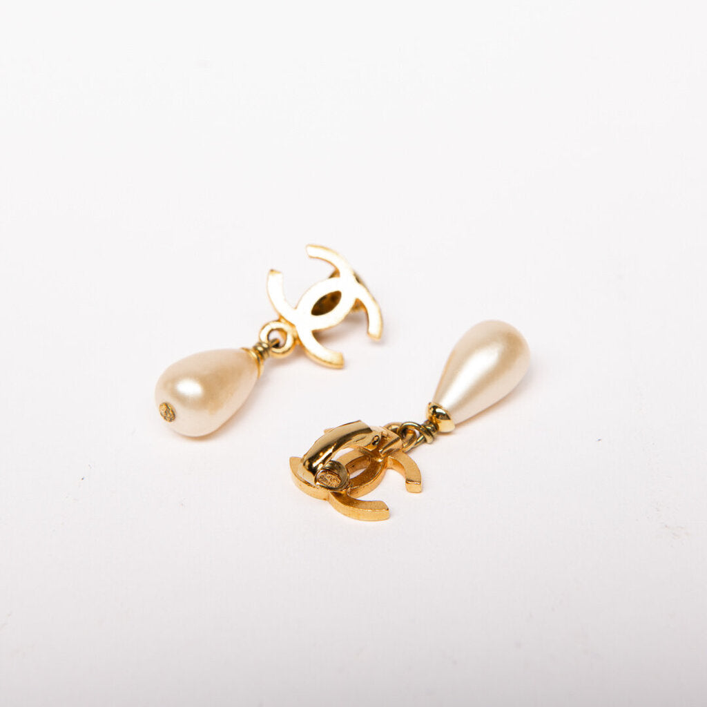 Chanel Gold Faux Pearl Drop Clip-On Earrings (1995)