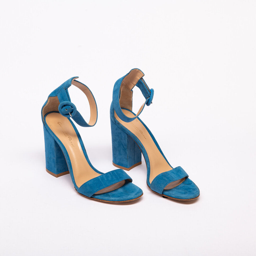 Gianvito Rossi Blue Suede Ankle Strap Heel