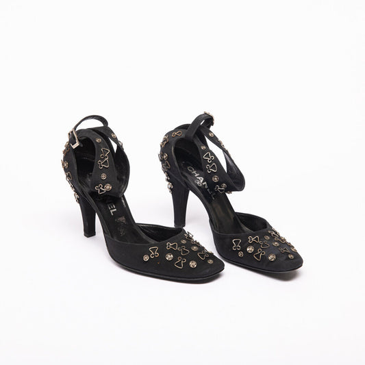 Chanel Black Fabric Embellished Vintage Pumps