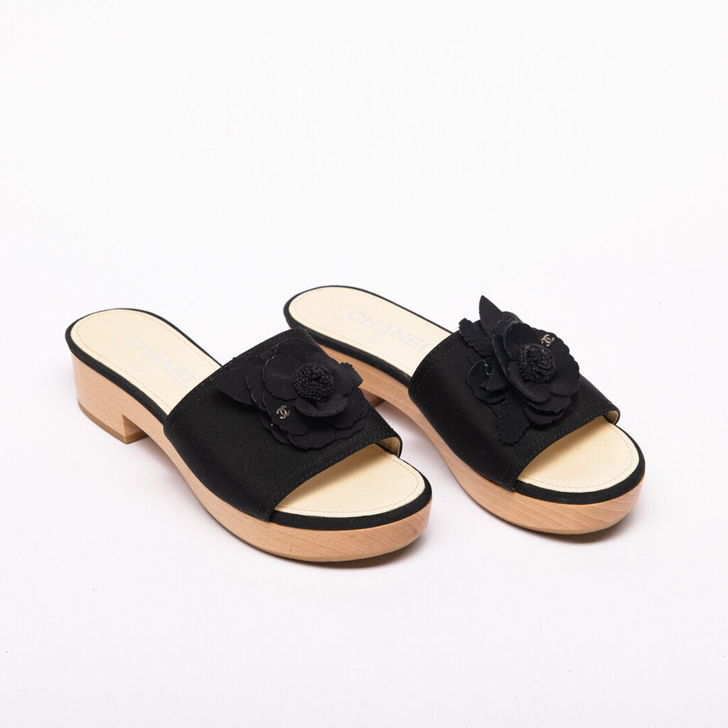 Chanel Black Grosgrain Flower-Applique Wood Slides