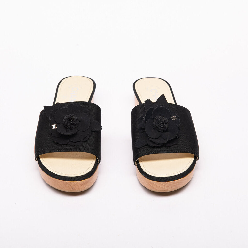 Chanel Black Grosgrain Flower-Applique Wood Slides