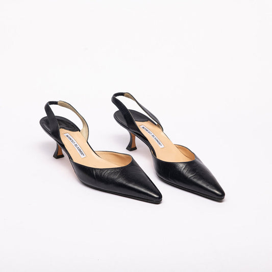 Manolo Blahnik Black Leather Sling Back Kitten Heel