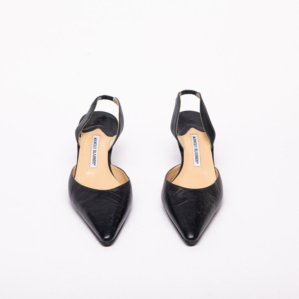 Manolo Blahnik Black Leather Sling Back Kitten Heel