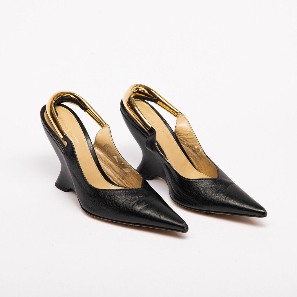 Bottega Veneta Black Leather Gold Slingbacks