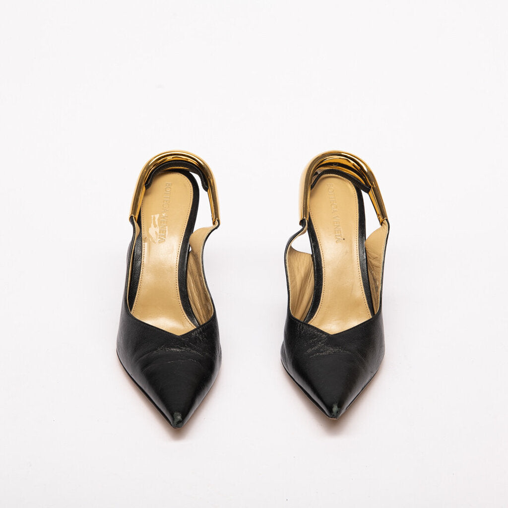Bottega Veneta Black Leather Gold Slingbacks