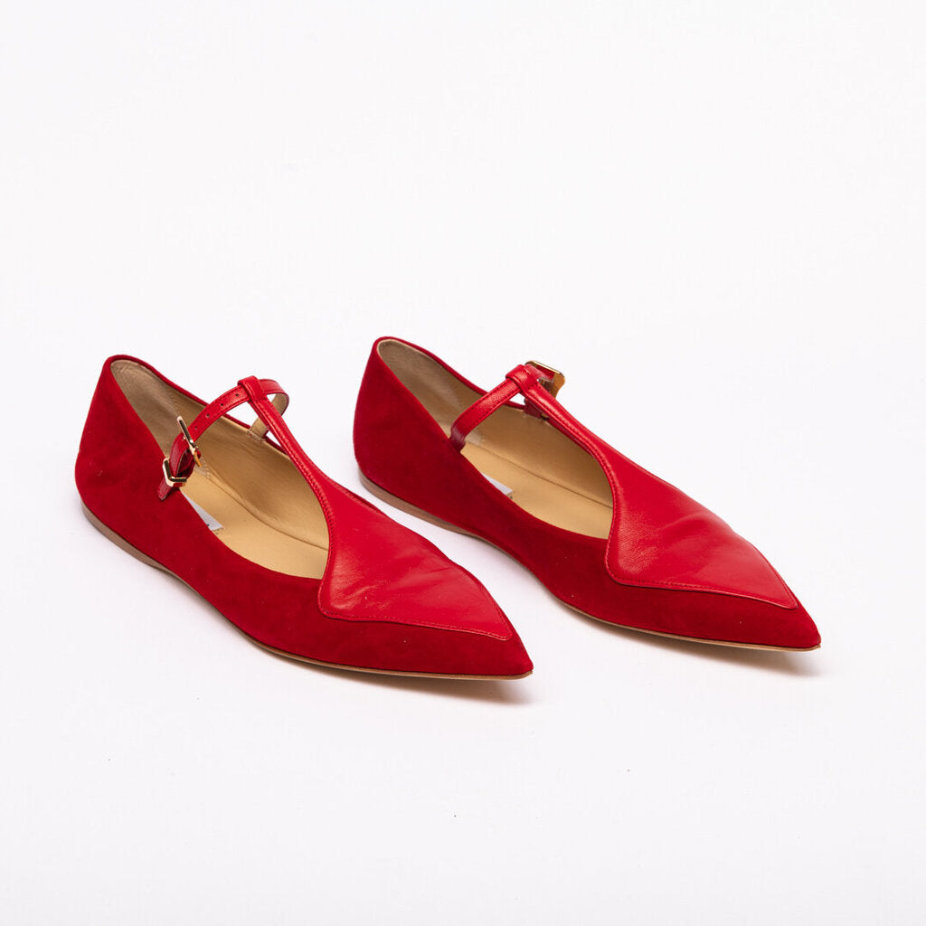 Gabriela Hearst Red Suede Leather T Strap Flats