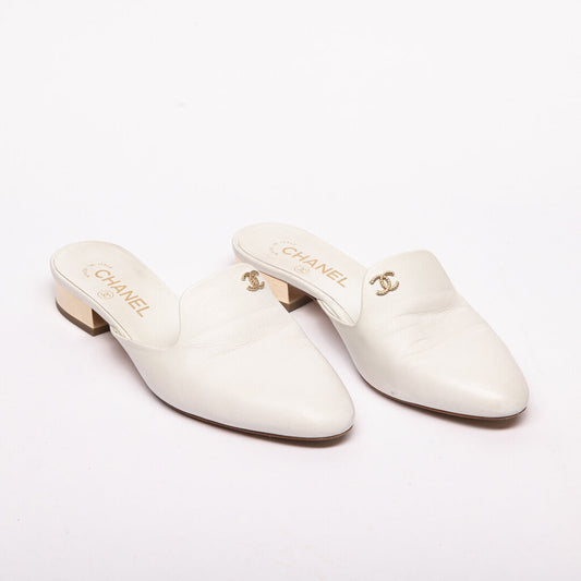 Chanel White Leather Mules