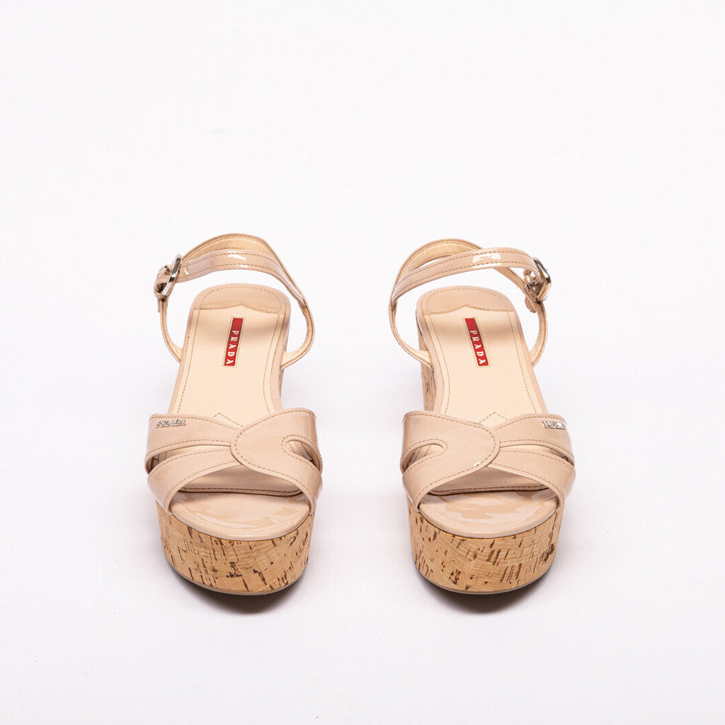 Prada Nude Patent Cork Heel Sandal