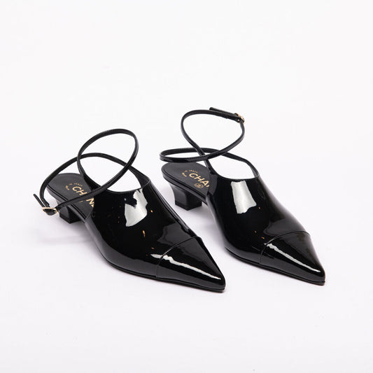 Chanel 26P Black Patent Slingback Kitten Heels