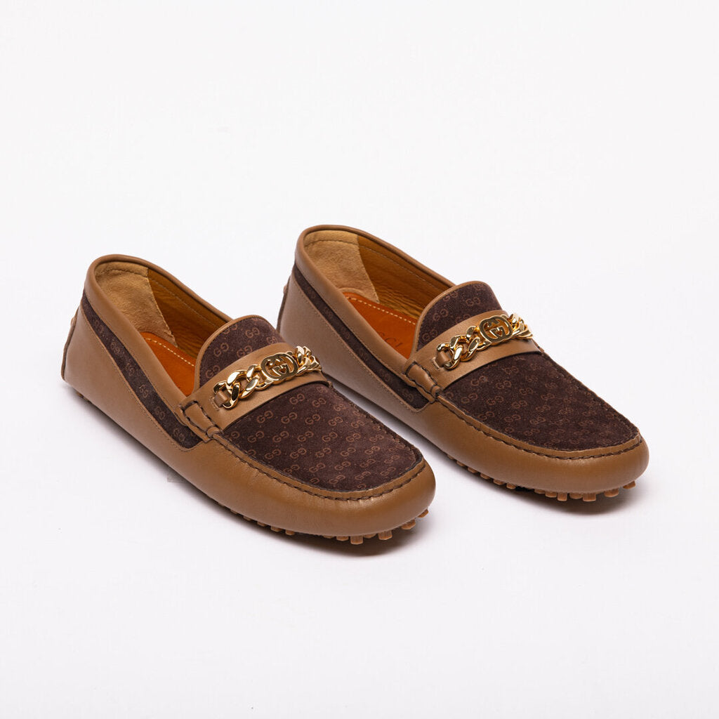 Gucci Brown Leather Gold Chain Loafers